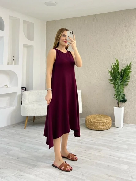 Kadın Askılı Yuvarlak Yakalı Asimetrik Kesim Detaylı Viskon Elbise - Resim 3