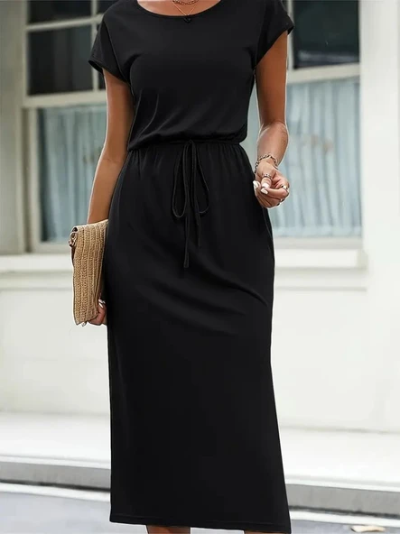 Kadın Kısa Kollu Yakası Açık Belden Kuşaklı Yandan Yırtmaçlı Midi Viskon Elbise - Resim 2