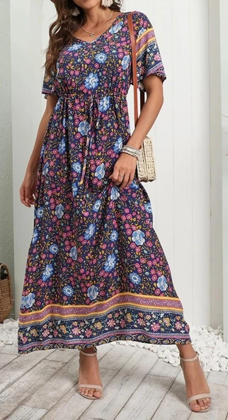 Kadın Kısa Kollu Beli Lastikli çiçek Desen Tam Boy Elbise ürün görseli