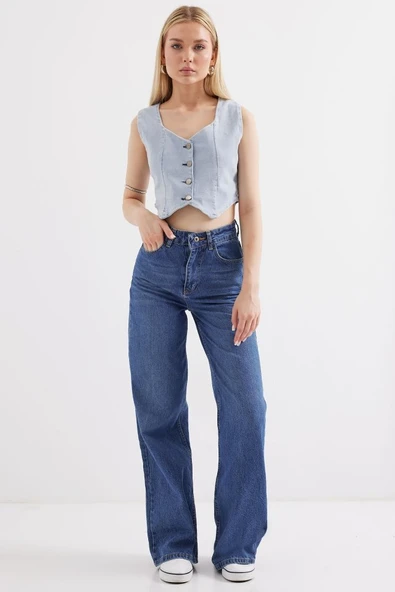6797 Crop Kot Yelek - Mavi - 3
