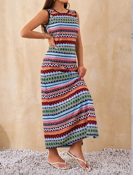 Kadın Bisiklet Yaka Cizgi Desen Süprem Elbise - Resim 2