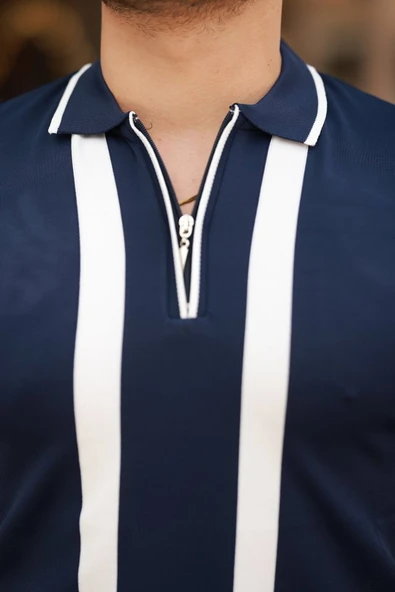 Erkek Fermuar Yakalı şerit Detaylı Kısa Kollu Tişört - Resim 6