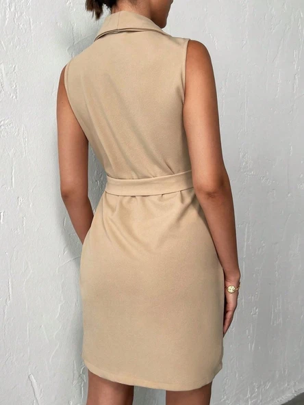 Kruvaze Yaka Kuşaklı Krep Kumaş Elbise - Resim 24