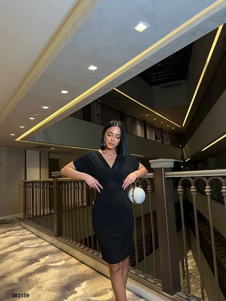 Kadın Dalgıç Krep V Yaka Ve Sırt Dekolte Detaylı Elbise - Resim 2