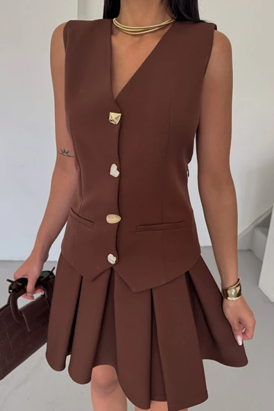 YELEK - PİLELİ ETEK GÖRÜNÜMLÜ ELBİSE - Kahverengi - 3