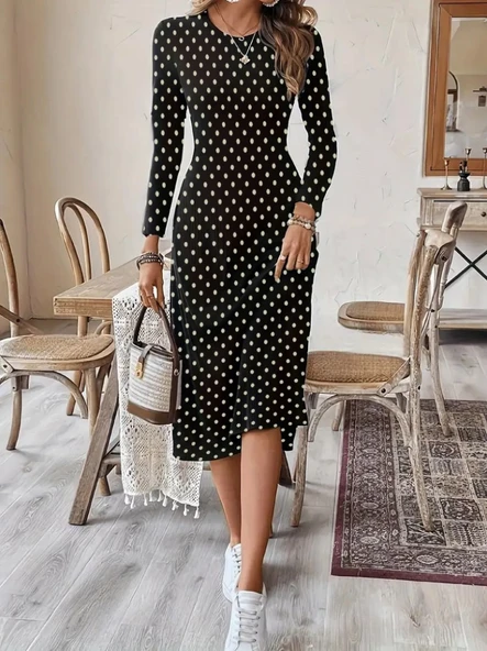 Kadın Uzun Kollu Bisiklet Yaka Puantiyeli örme Krep Midi Elbise - Resim 3