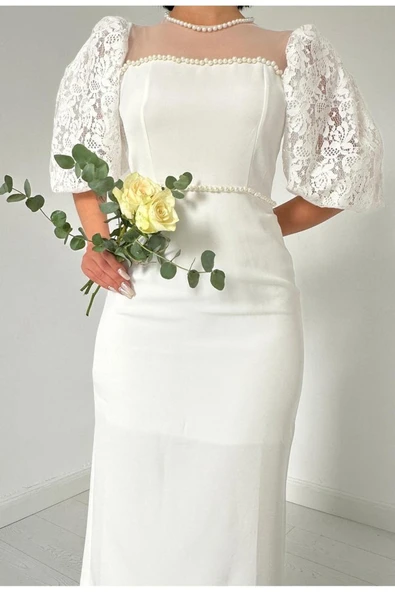 Beyaz İncili Tül Detay Elbise - Resim 3