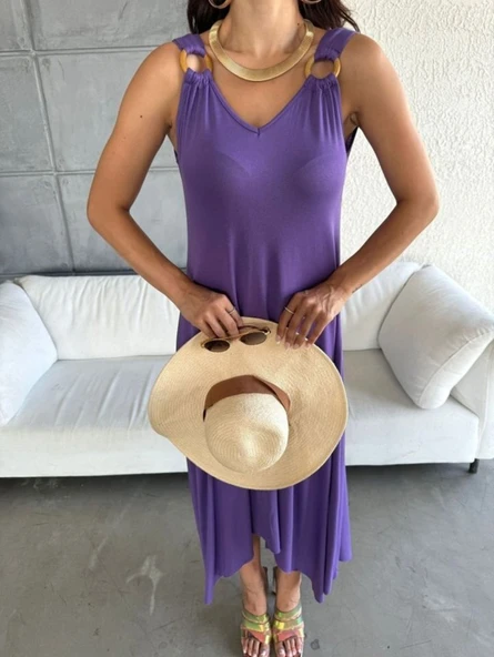 Kadın çan Dokuma Kumaş V Yaka Asimetrik Kesim Elbise - Resim 9