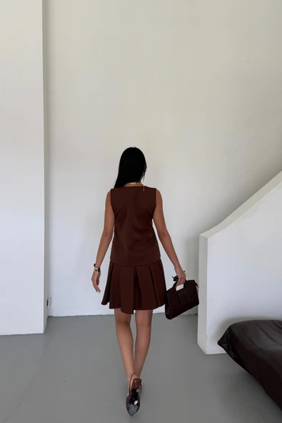 YELEK - PİLELİ ETEK GÖRÜNÜMLÜ ELBİSE - Kahverengi - 4