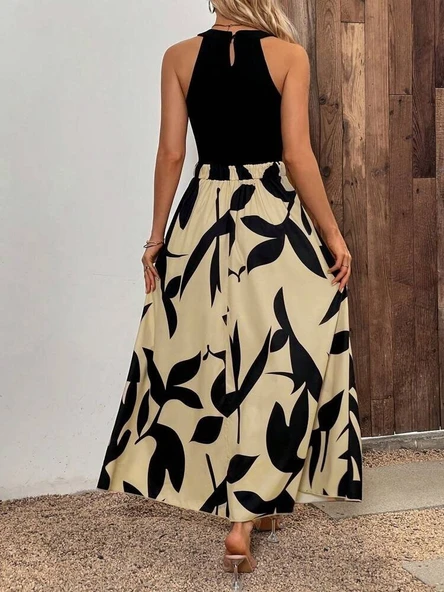 Kadın Sıfır Kollu Yakadan şeritli Omuzlardan Açık Janjan Krep Desenli Al Dalgıç Maxi Elbise - Resim 3