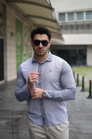 Erkek Pamuklu Keten Kumaş Gömlek - Resim 6