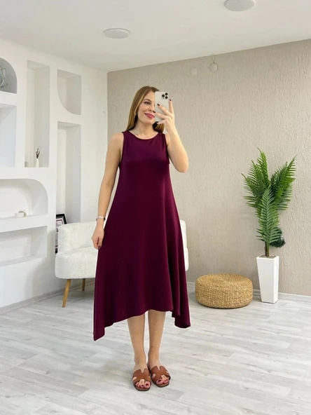 Kadın Askılı Yuvarlak Yakalı Asimetrik Kesim Detaylı Viskon Elbise ürün görseli