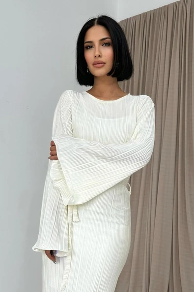 Ekru İspanyol Kol Piliseli Elbise - Resim 2