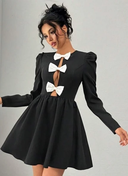 Kadın Dalgıç Kumaş Fiyonk Detaylı Uzun Kollu Mini Boy Elbise - Resim 10