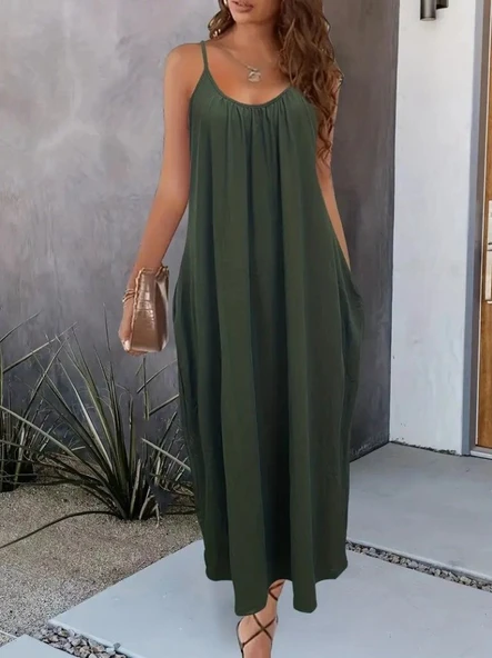 Kadın Ip Askılı Geniş V Yakalı Viskon Elbise ürün görseli