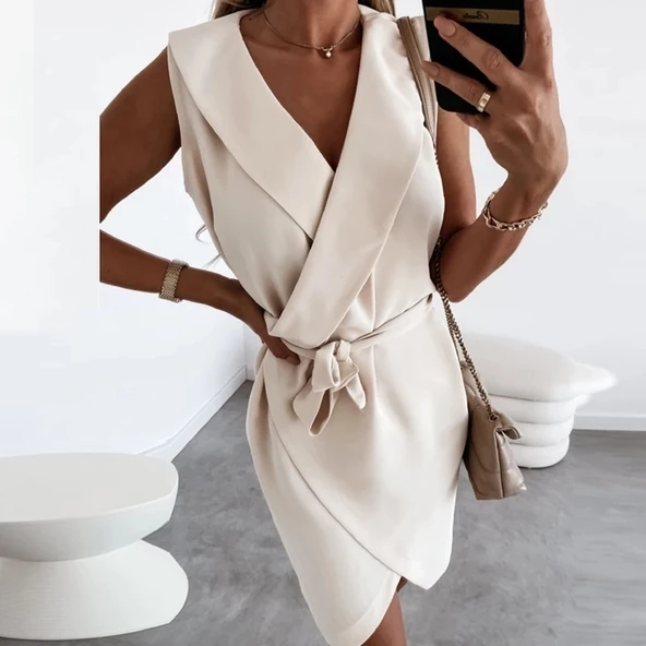 Kruvaze Yaka Kuşaklı Krep Kumaş Elbise - Resim 15