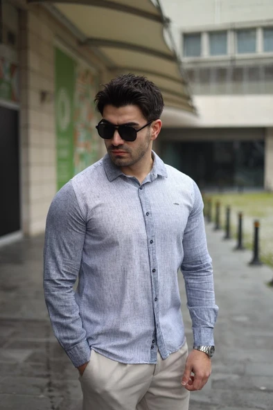 Erkek Pamuklu Keten Kumaş Gömlek - Resim 7