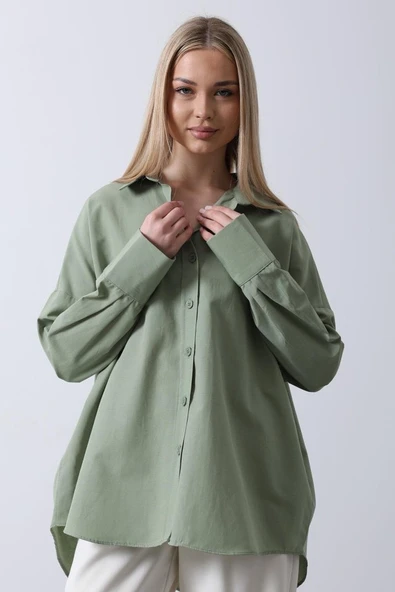 Geniş Manşet Detaylı Gömlek - Haki - Resim 4