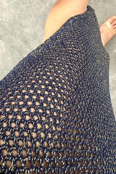 Simli Ajurlu Uzun Elbise - Lacivert-Sarı - Resim 3