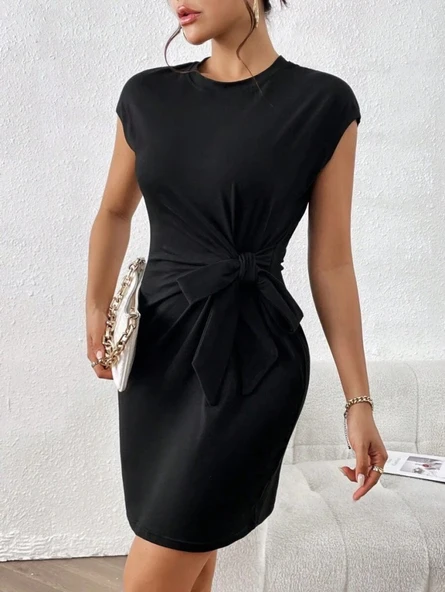 Kadın Kısa Kap Kollu Bisiklet Yaka Belden Bağlamalı Modal Mini Elbise - Resim 2