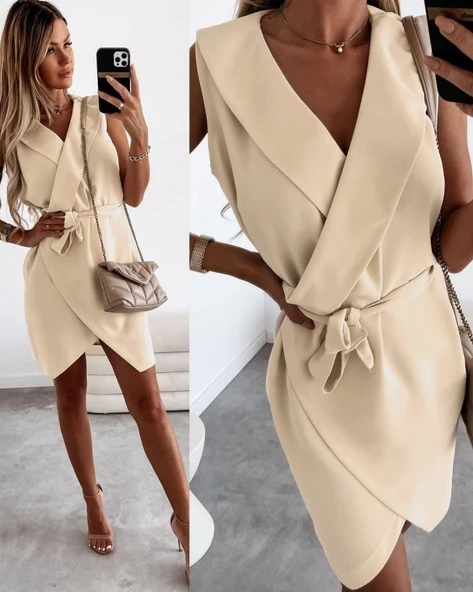 Kruvaze Yaka Kuşaklı Krep Kumaş Elbise - Resim 13