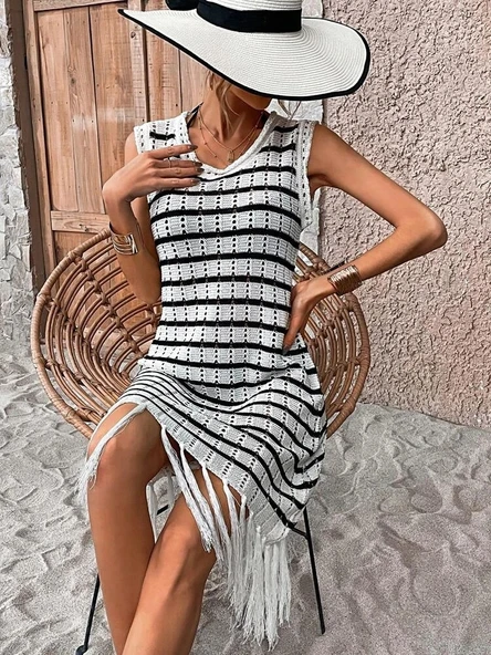 Kadın Kolsuz V Yaka Eteği Püsküllü çizgi Desen Triko Elbise - Resim 2