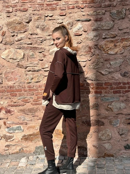 Kadın Kahve Kapşonlu Etek Ucu Detay Arma Ters Dikiş Gorunumlu Ikili Takım - Resim 3