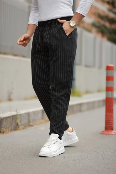 Erkek Beli Bağcıklı çizgili Pantolon ürün görseli