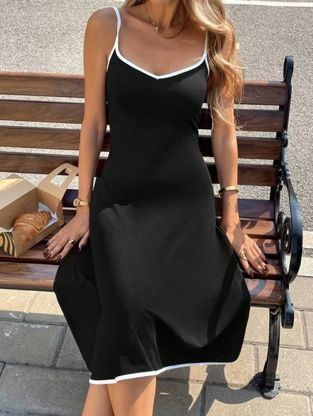 Kadın Ip Askılı Geniş V Yakalı Midi Janjan Krep Elbise - Resim 6