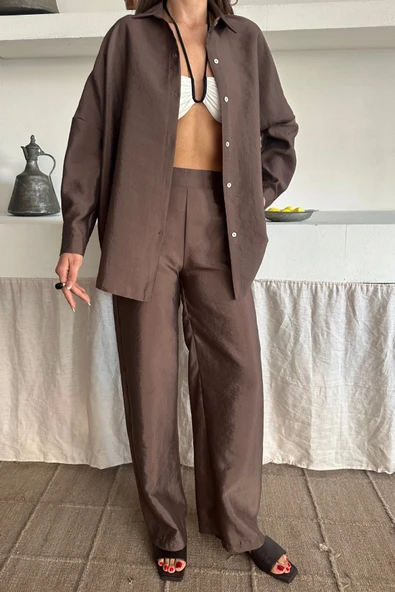 GÖMLEK-PANTOLON TAKIM CUPRA KUMAŞ - Kahverengi - Resim 2