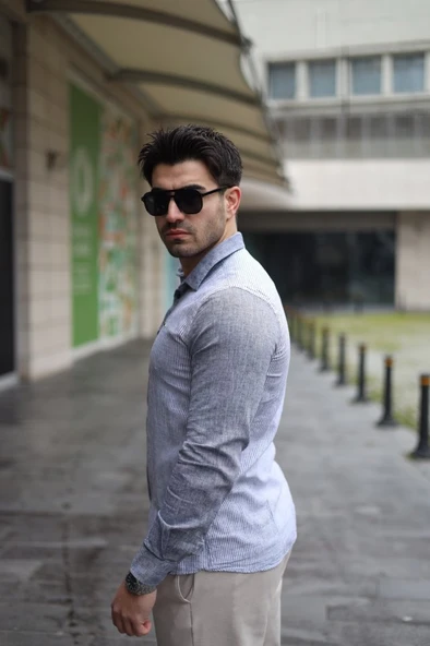 Erkek Pamuklu Keten Kumaş Gömlek - Resim 9