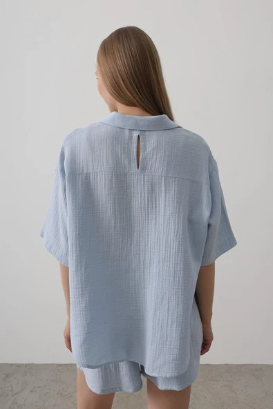 Yarım Kol Müslin Gömlek - Bebe Mavisi - Resim 4