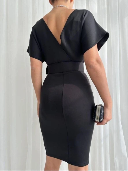 Kadın Dalgıç Krep V Yaka Ve Sırt Dekolte Detaylı Elbise - Resim 5