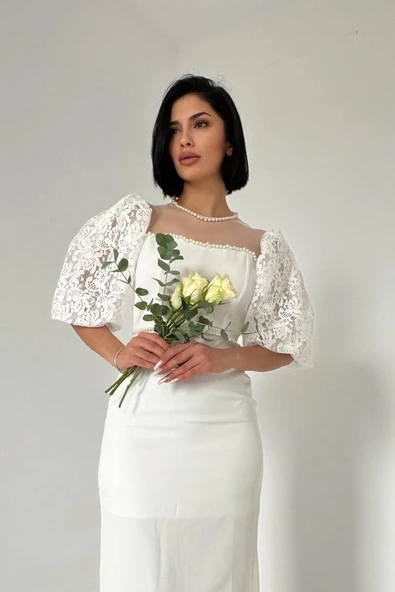 Beyaz İncili Tül Detay Elbise - Resim 2