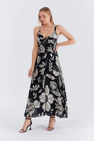 Askılı Viscon Elbise - Siyah - 2