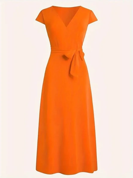 Kadın Kısa Kollu V Yakalı Belden Kuşaklı Maksi Boy Viskon Elbise - Resim 5