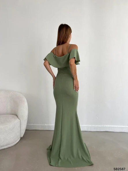 Kadın Dalgıç Krep Yırtmaç Detaylı Askılı Maxi Boy Elbise - Resim 2