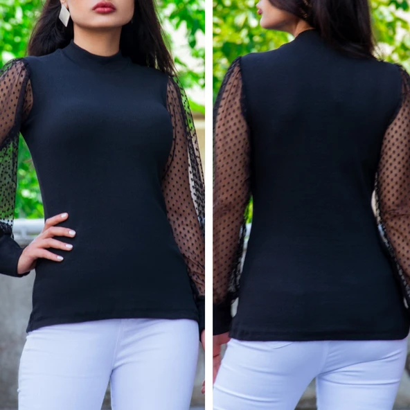 Kadın Siyah Kolu Tül Detaylı Yarım Balıkçı Kaşkorse Bluz - Resim 7