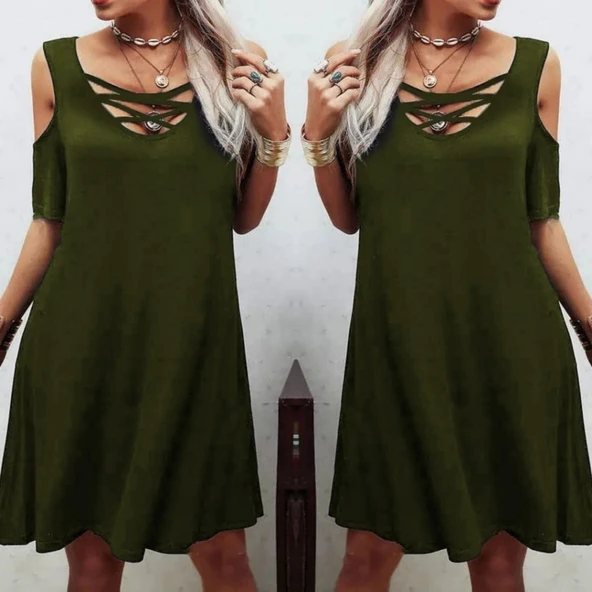 Dekolteli Bağcık Detay Viskon Kumaş Elbise - Resim 2