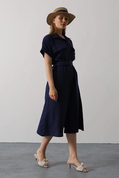Kuşaklı Cep Detaylı Yarım Kol Elbise - Lacivert - Resim 4