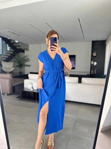 Kadınn V Yaka Düğme Detay Kuşak Dahil Elbise - Resim 4