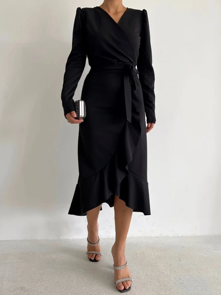 Krep Kumaş Midi Boy Kuşaklı Uzunkol Elbise 113 Cm - Resim 21