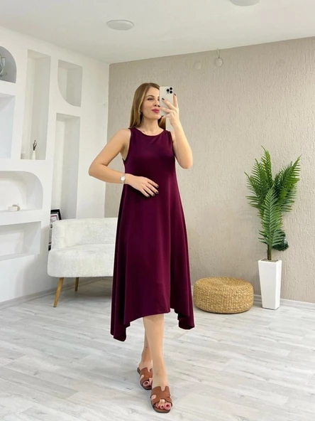 Kadın Askılı Yuvarlak Yakalı Asimetrik Kesim Detaylı Viskon Elbise - Resim 2