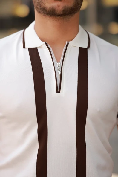 Erkek Fermuar Yakalı şerit Detaylı Kısa Kollu Tişört - Resim 6