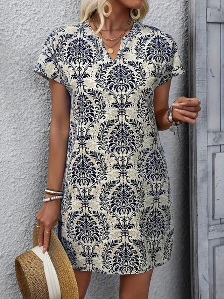 Kadın Kısa Kollu çentik Yaka çiçek Desenli Keten Elbise - Resim 4
