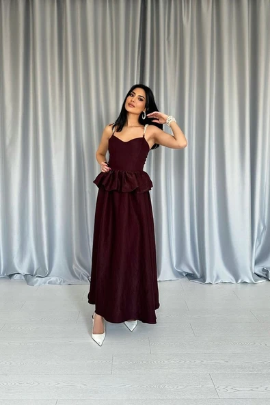 Bordo Beli Büzgülü İnci Askılı Uzun Elbise - 3