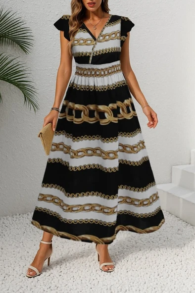 Kadın Kısa Kollu Kruvaze Yakalı Beli Lastikli Desenli Maksi Boy örme Krep Elbise - Resim 3