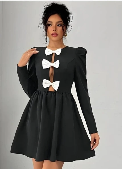 Kadın Dalgıç Kumaş Fiyonk Detaylı Uzun Kollu Mini Boy Elbise - Resim 7