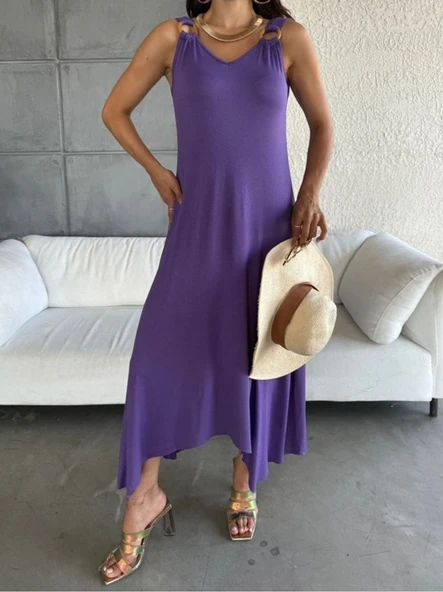 Kadın çan Dokuma Kumaş V Yaka Asimetrik Kesim Elbise - Resim 3