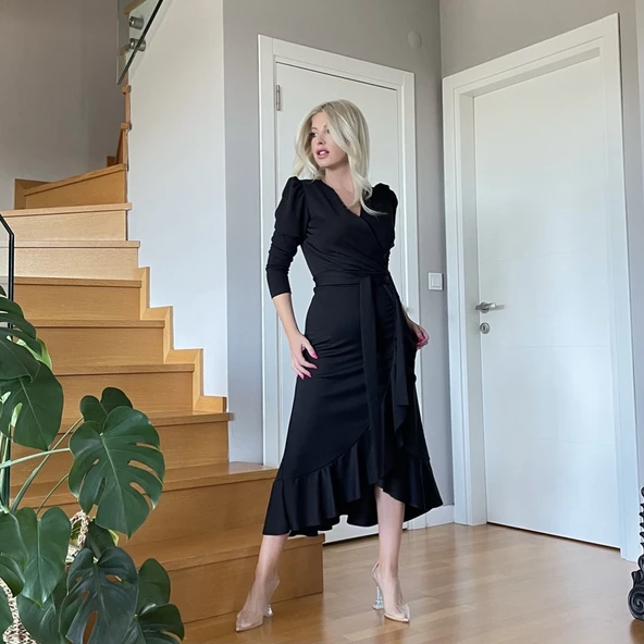 Krep Kumaş Midi Boy Kuşaklı Uzunkol Elbise 113 Cm - Resim 4